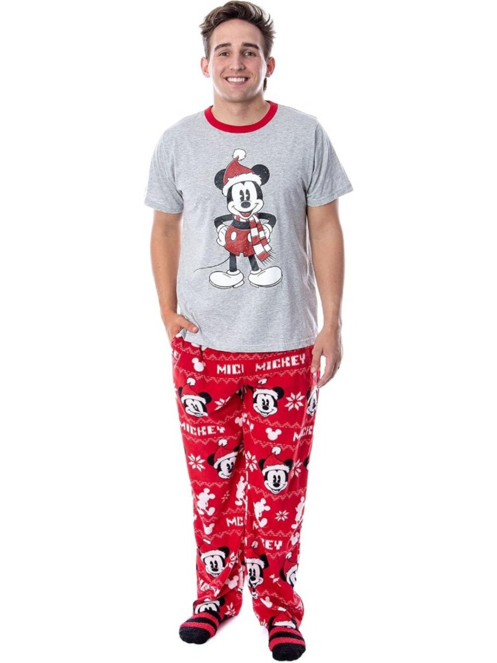 Cozy Santa Mickey 3-Piece Men's Pajama Set - Shirt, Pants & Socks for Holiday